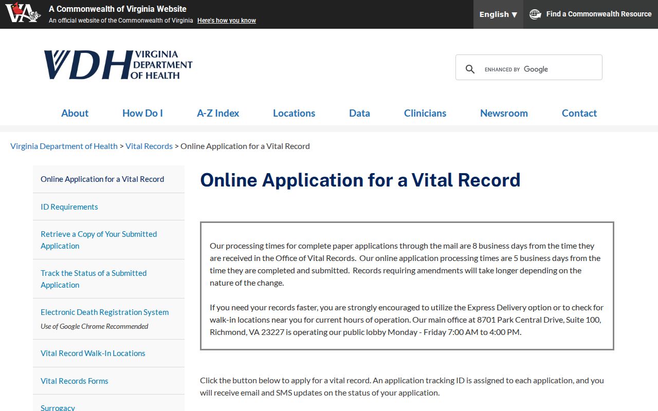 Merrifield residents directory Virginia vital-record application route