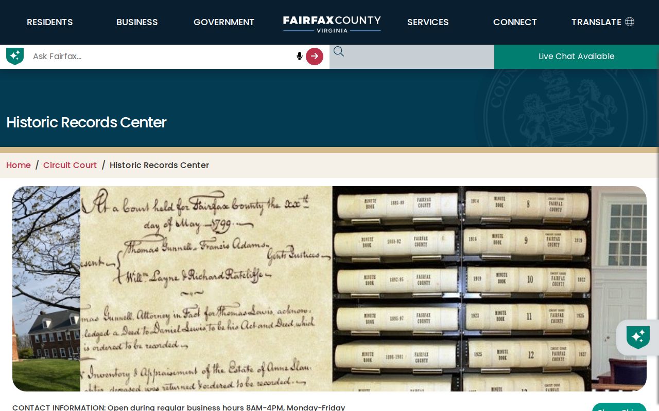 Merrifield previous residents Fairfax Historic Records Center appointment information