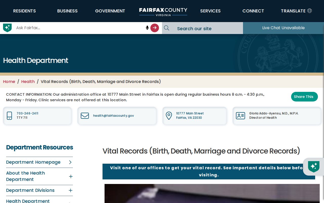 Merrifield resident lookup Fairfax vital records office information