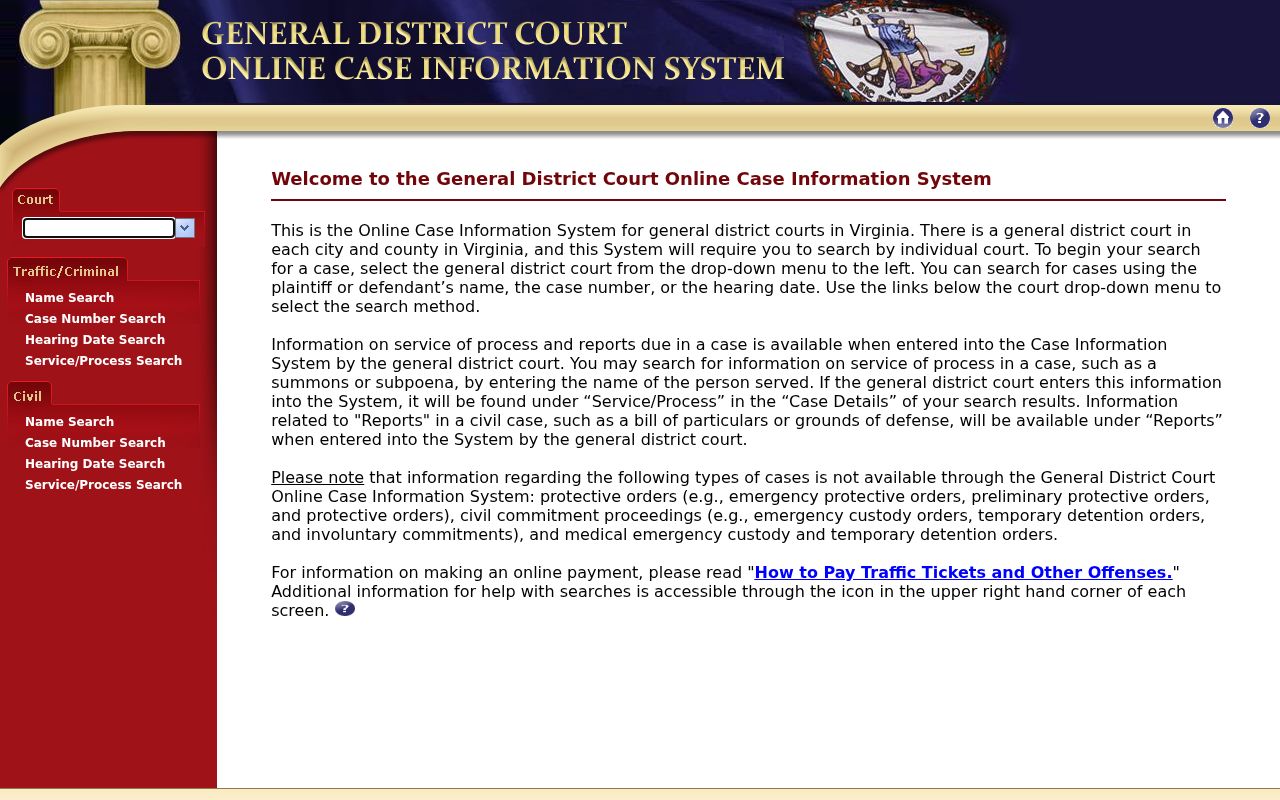 Merrifield resident lookup Virginia General District Court search interface