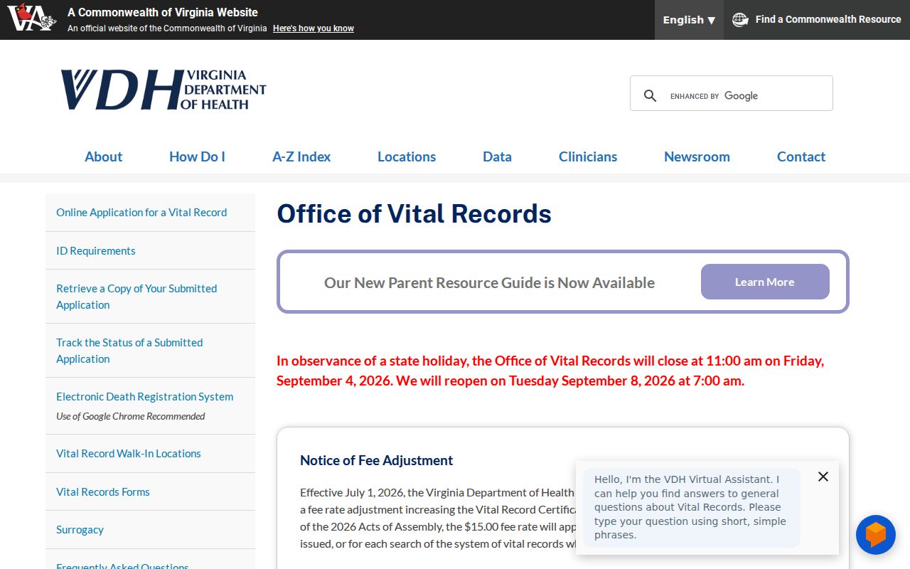 Merrifield resident lookup Virginia vital records eligibility guidance