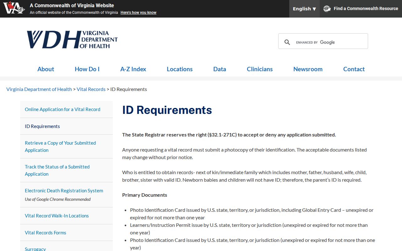 Merrifield resident lookup Virginia vital records identification requirements